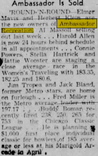 Ambassador Lanes (Argyle Lanes) - Jan 1944 Al Masoll Sells Out